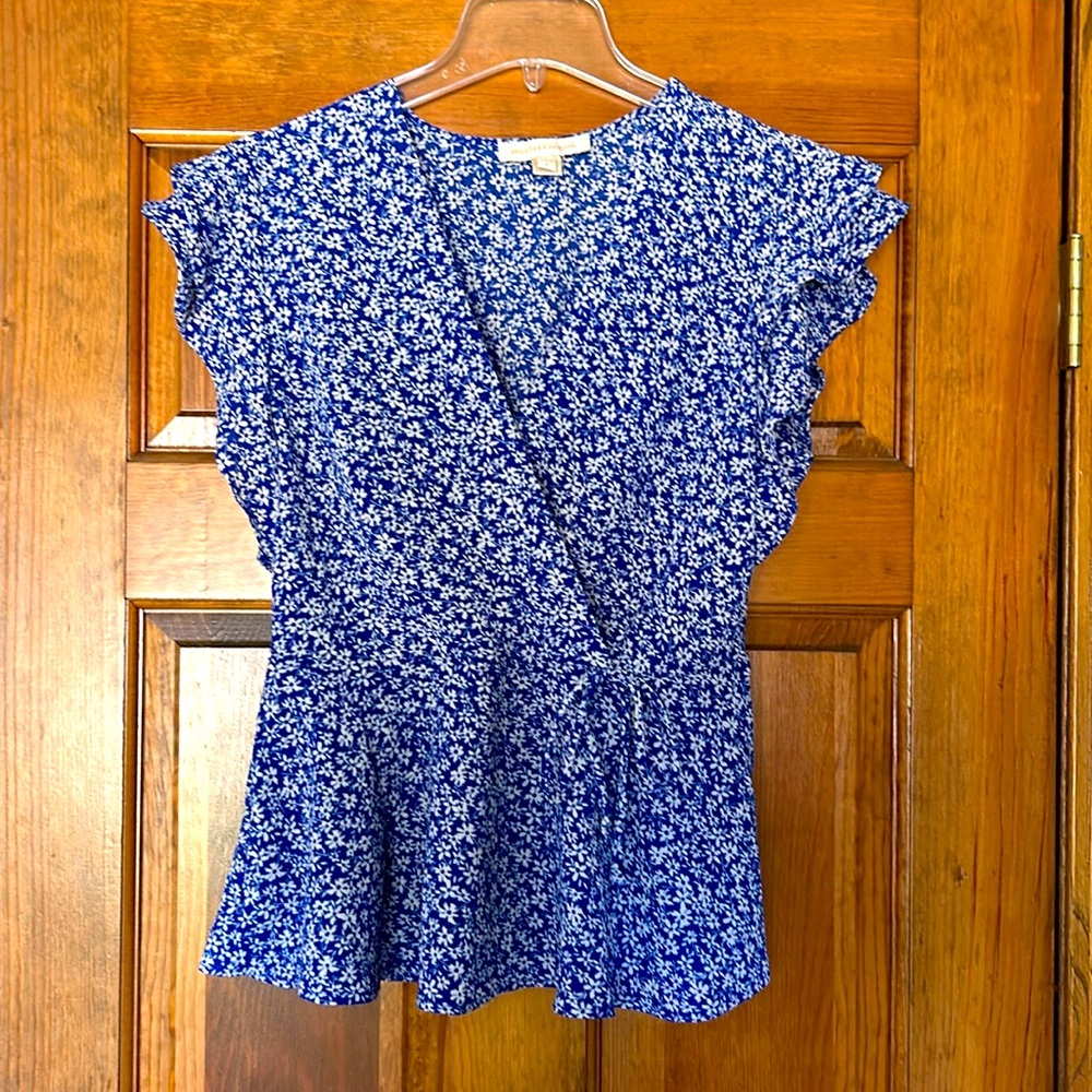 Monteau Blue and White Floral Wrap Peplum Blouse